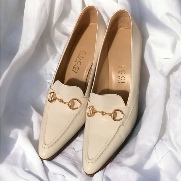 Gucci Shoes - Gucci white loafer heel with gold embellished